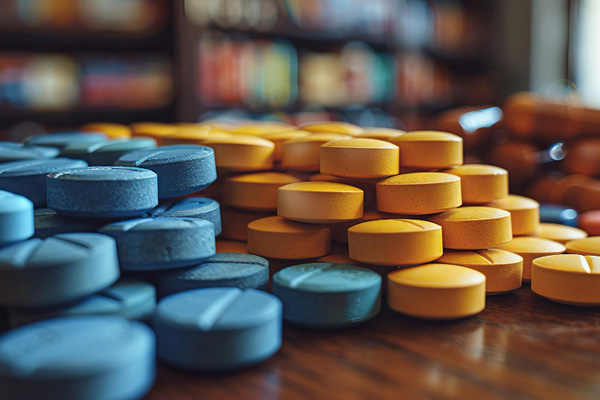 A stack of blue and yellow pills arranged on a table.