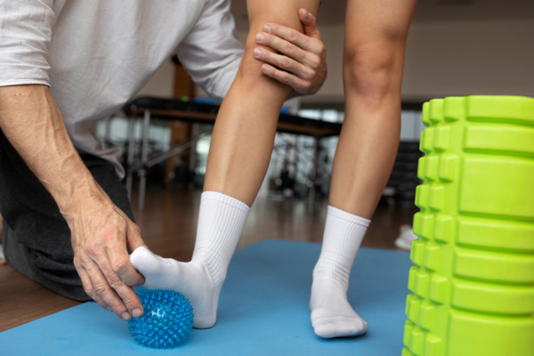 A man using a foam roller to massage a woman's leg, providing relief and relaxation after a workout session.